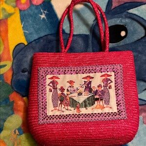 Vintage Pink Woven Tote Bag with Artistic Print